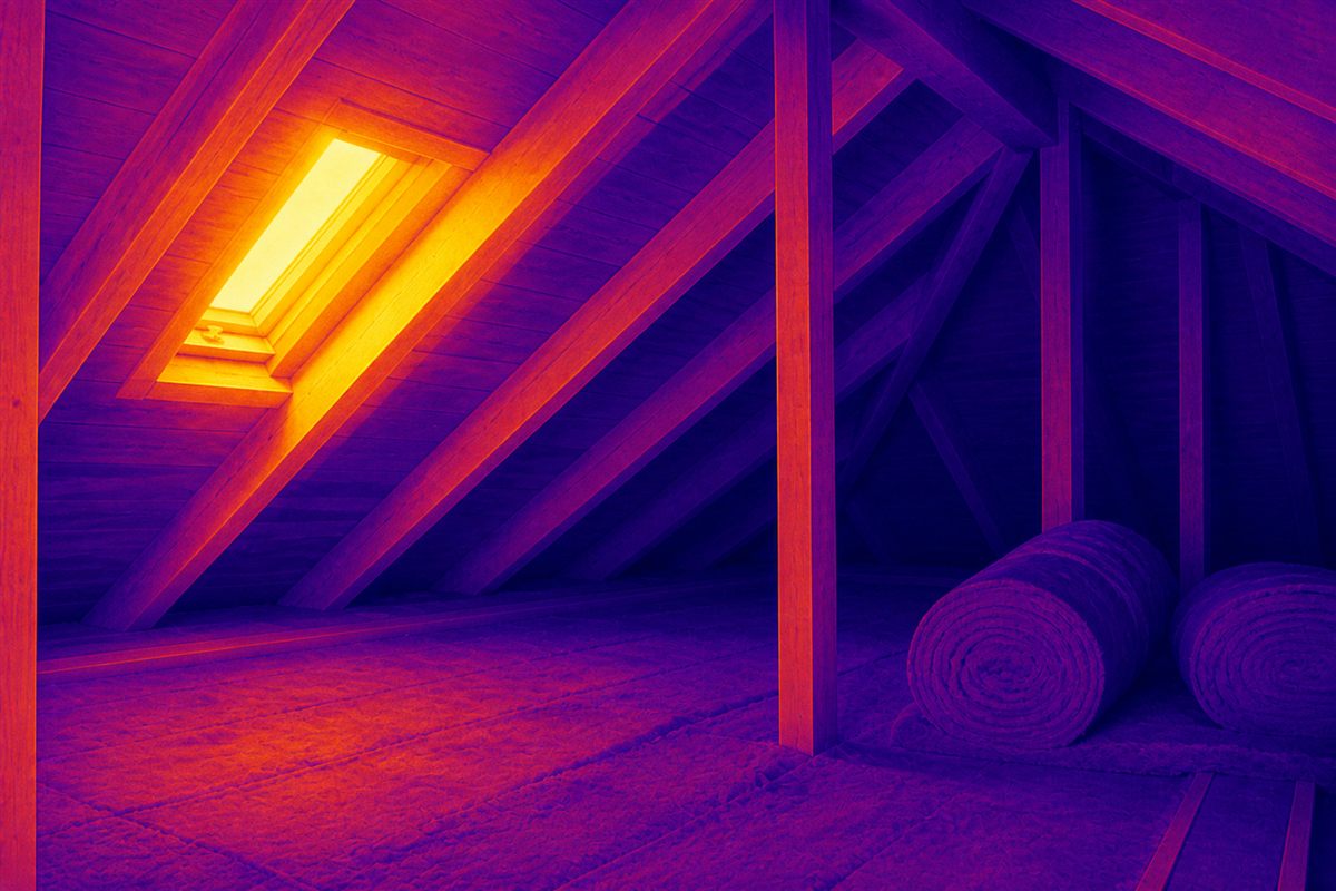 Illustrativ termografibild av en vindsmiljö med synliga temperaturskillnader